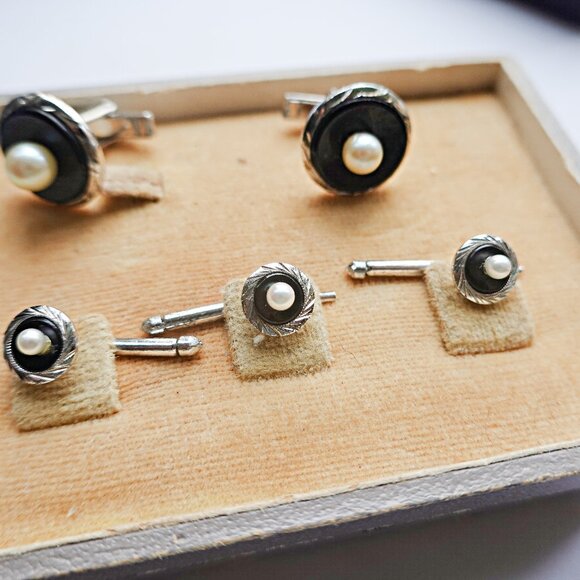 Art Deco Sterling Onyx and Cultured Pearl Cufflinks Studs - Picture 2 of 4